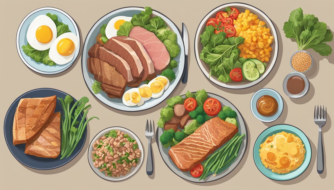 A table set with 14 different high-protein diabetic meal plans, each featuring a variety of lean meats, fish, eggs, and plant-based protein sources, along with colorful vegetables and whole grains