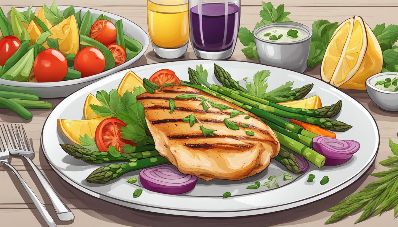 A plate with grilled chicken breast and asparagus, surrounded by colorful vegetables and herbs