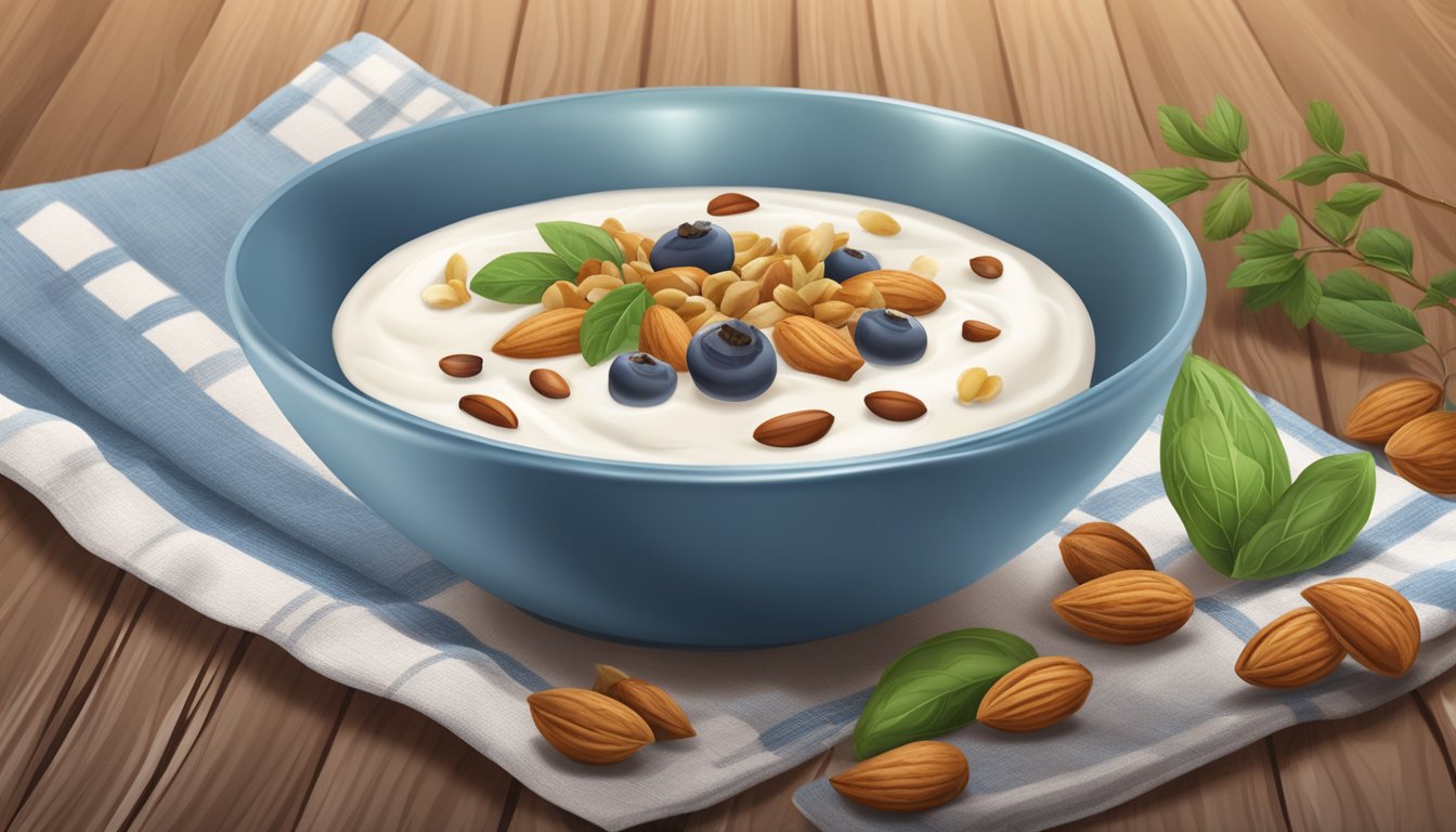 A bowl of Greek yogurt topped with nuts and seeds sits on a wooden table, surrounded by fresh ingredients and a placemat