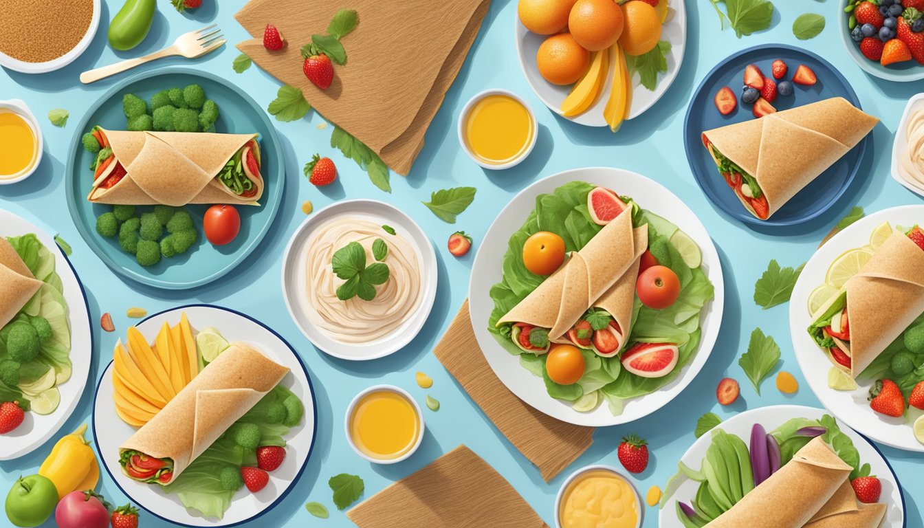 A colorful array of whole wheat wraps filled with lean turkey, surrounded by vibrant fruits and vegetables, arranged on a clean, modern table setting