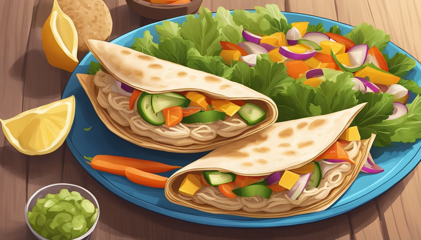 A colorful array of whole wheat pita pockets filled with turkey and various vegetables, arranged on a vibrant plate