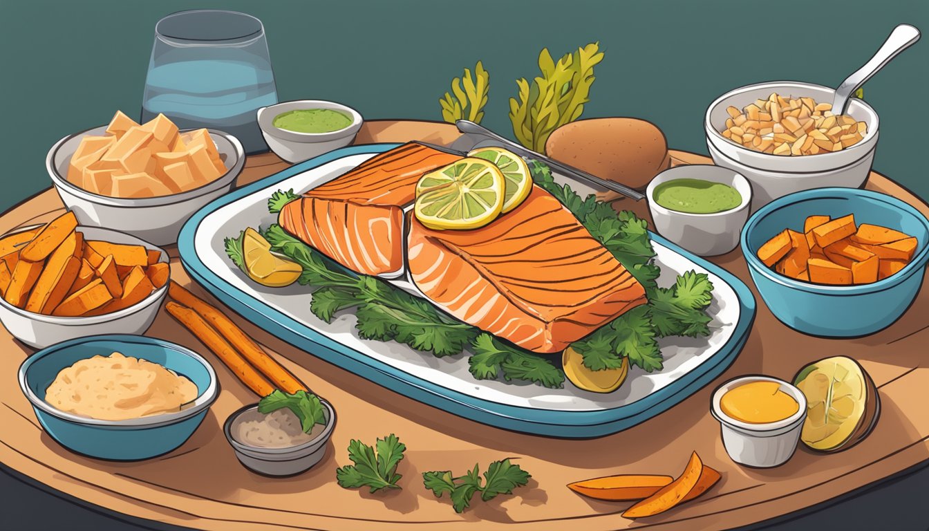 A plate of baked salmon and sweet potato fries surrounded by colorful child-friendly diabetic meal plans