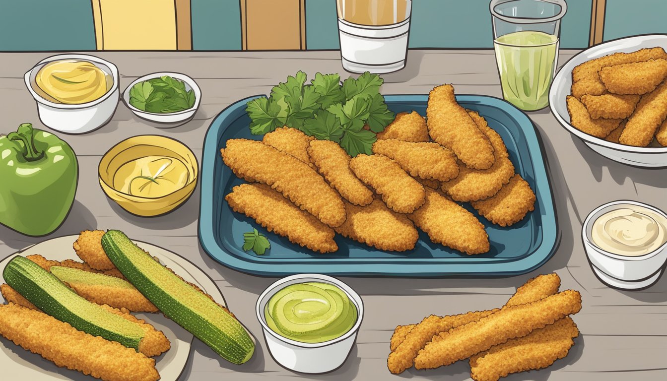 A baking sheet with golden chicken tenders and zucchini sticks arranged in a child-friendly meal display