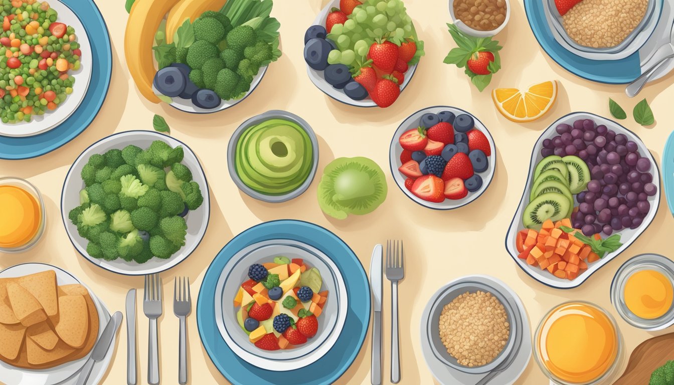 A colorful table setting with a variety of healthy, child-friendly diabetic meal options, including fruits, vegetables, lean proteins, and whole grains