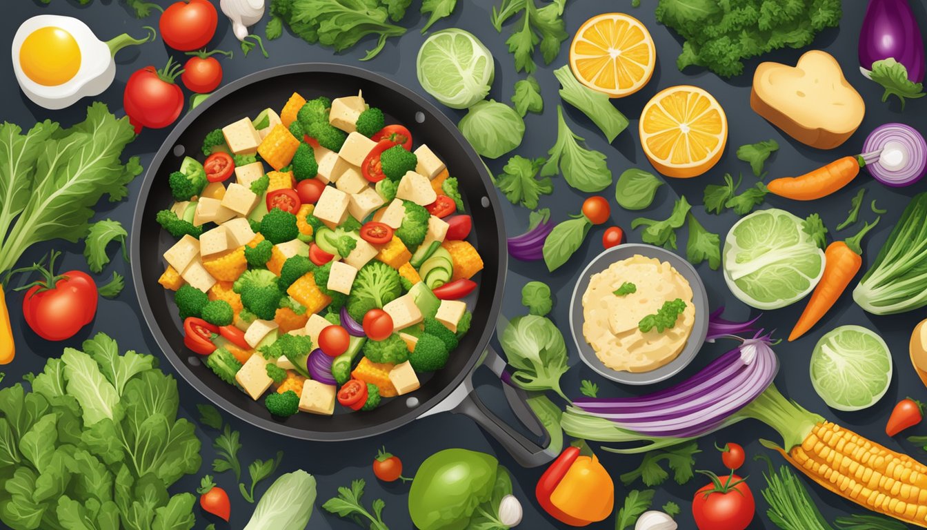 A colorful array of fresh vegetables and tofu being scrambled in a skillet on a stovetop