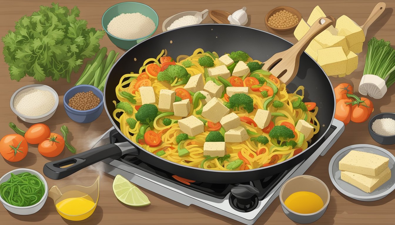 A colorful stir-fry of spaghetti squash, vegetables, and tofu sizzling in a wok on a stovetop, surrounded by various kitchen utensils and diabetic meal plan ingredients