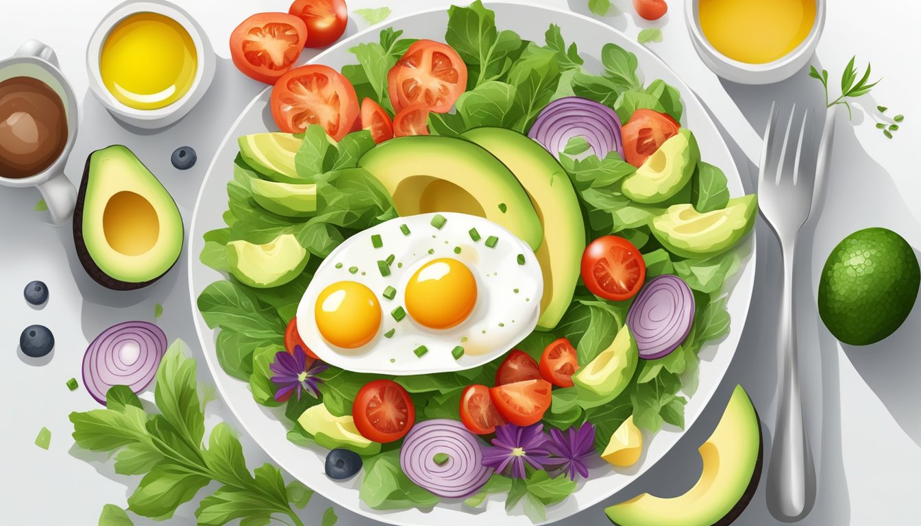 A colorful breakfast salad with avocado and eggs on a white plate, surrounded by fresh vegetables and herbs