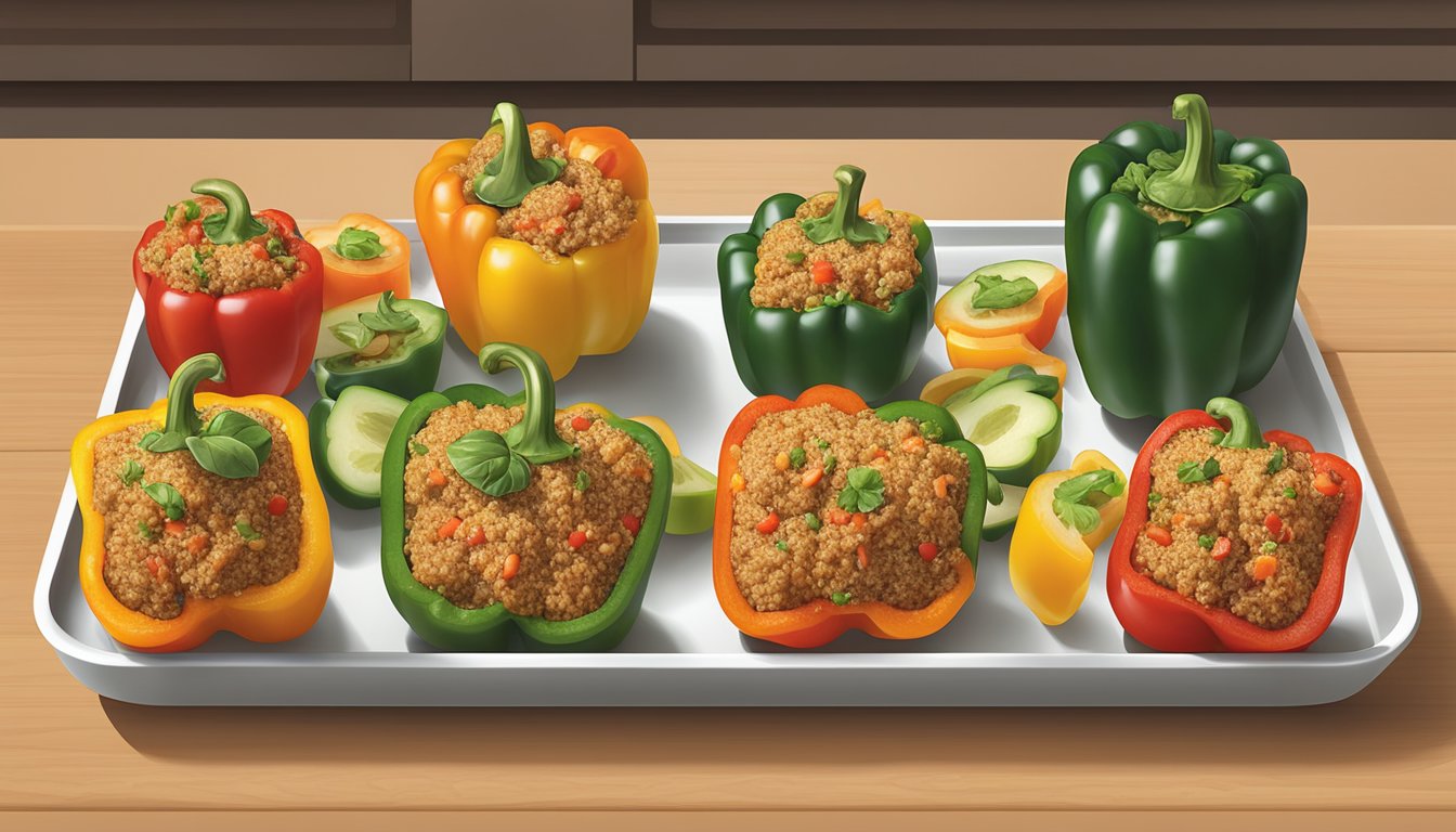 A colorful array of stuffed bell peppers filled with quinoa, arranged neatly on a limited kitchen diabetic meal plan