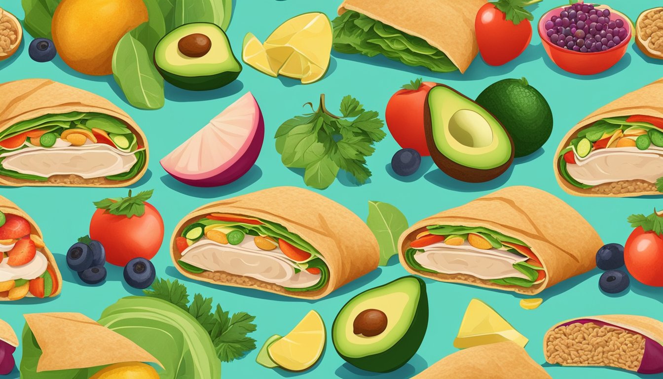 A colorful array of whole wheat wraps filled with slices of avocado and turkey, surrounded by vibrant fruits and vegetables