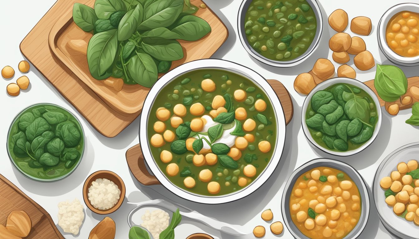 A steaming bowl of chickpea and spinach soup surrounded by 8 meal plans for diabetics, with fresh ingredients and a warm, inviting atmosphere