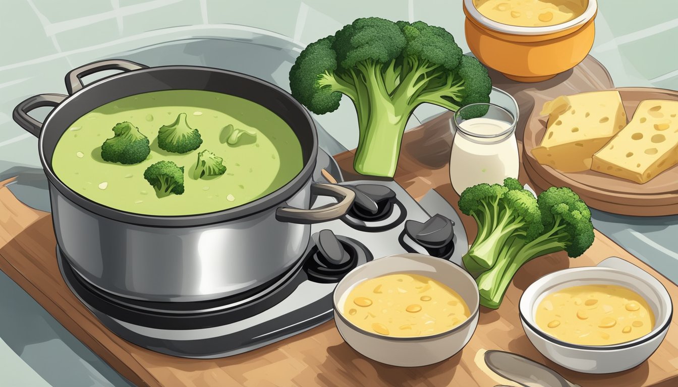 A pot of creamy broccoli soup simmering on a stove, surrounded by fresh broccoli, cheese, and other ingredients