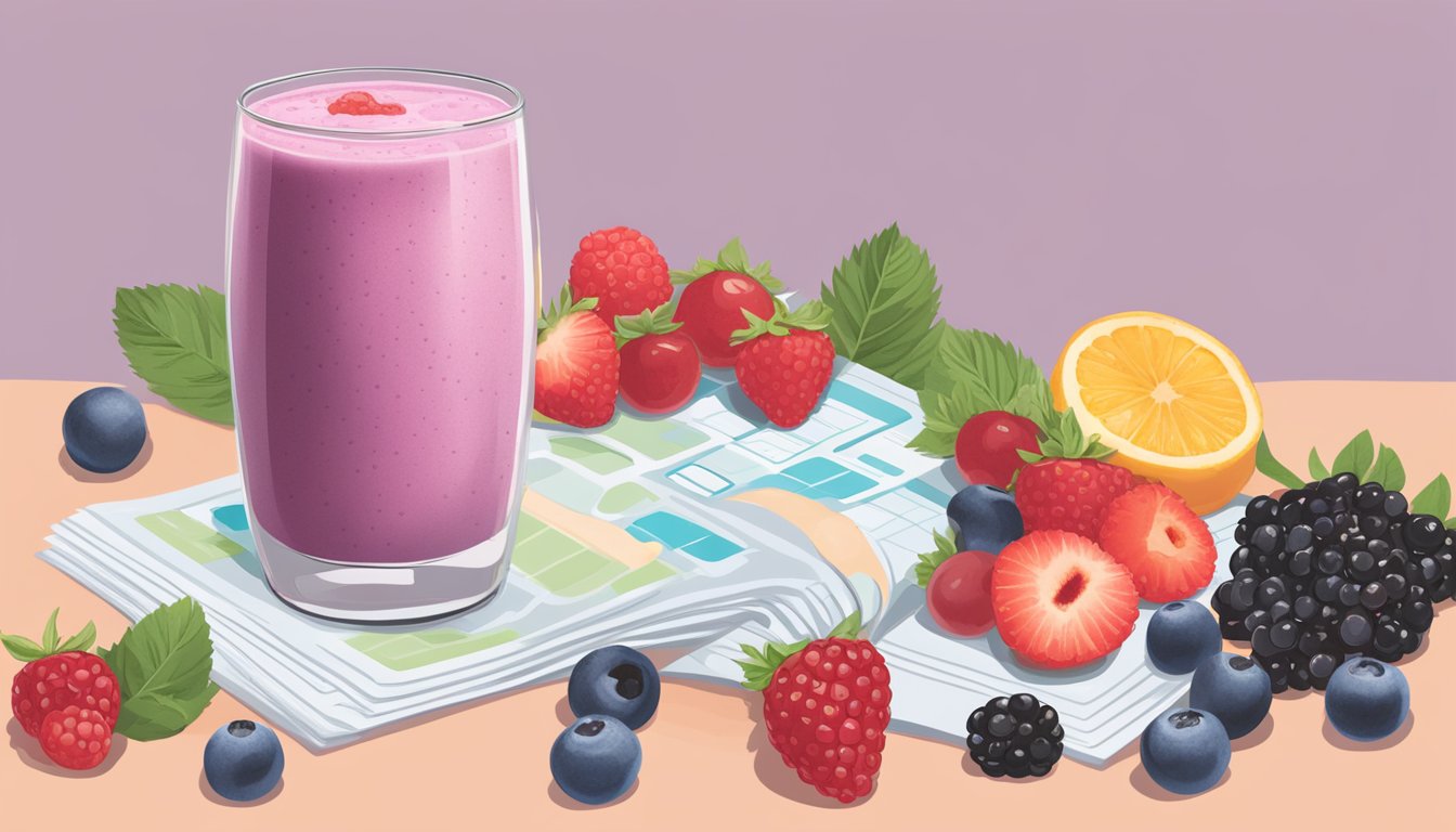 A glass filled with a creamy berry and yogurt smoothie surrounded by fresh berries and a diabetes meal plan booklet