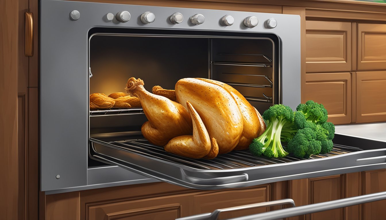 A golden-brown chicken breast sits on a baking sheet surrounded by vibrant green broccoli florets. The oven door is open, with a warm glow emanating from within