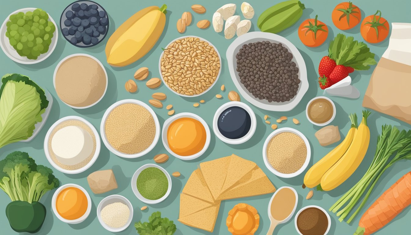 A kitchen counter with various low-glycemic ingredients like whole grains, lean proteins, and fresh produce laid out for meal planning