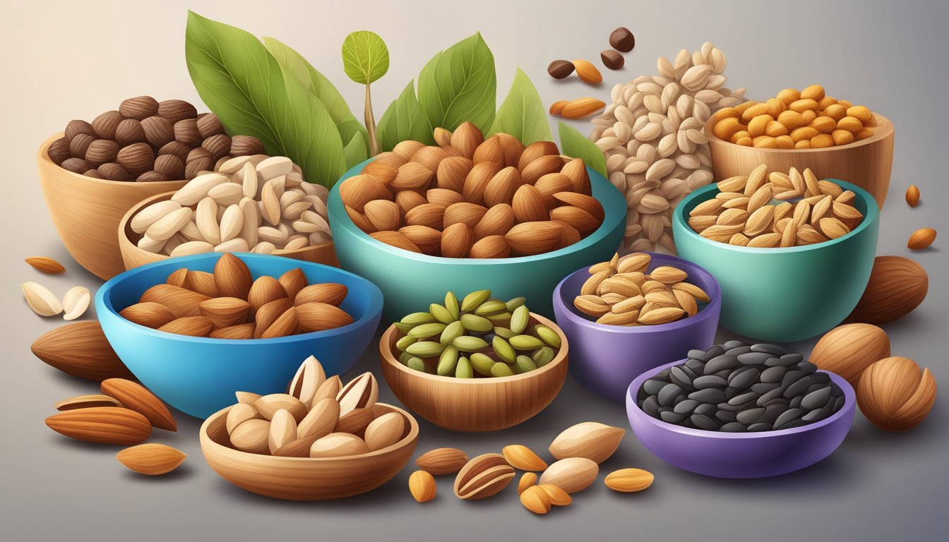 A variety of nuts and seeds are arranged in a colorful and appetizing display, with a focus on promoting skin health and catering to diabetics