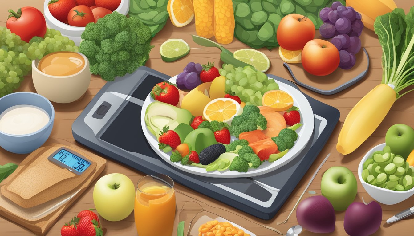 A table with a variety of healthy foods, including fruits, vegetables, lean proteins, and whole grains. A blood glucose monitor and insulin pen are also present