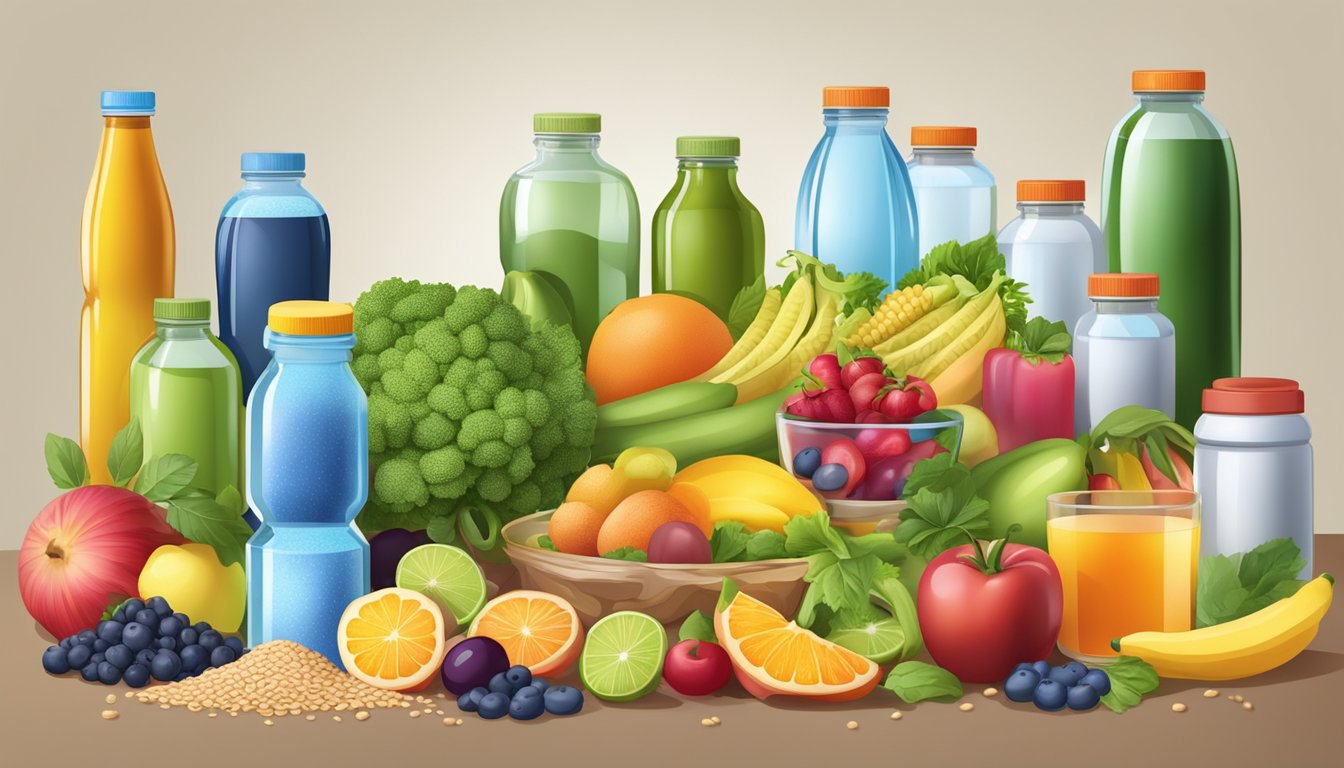 A table set with various colorful fruits, vegetables, whole grains, and lean proteins, surrounded by bottles of water and supplements