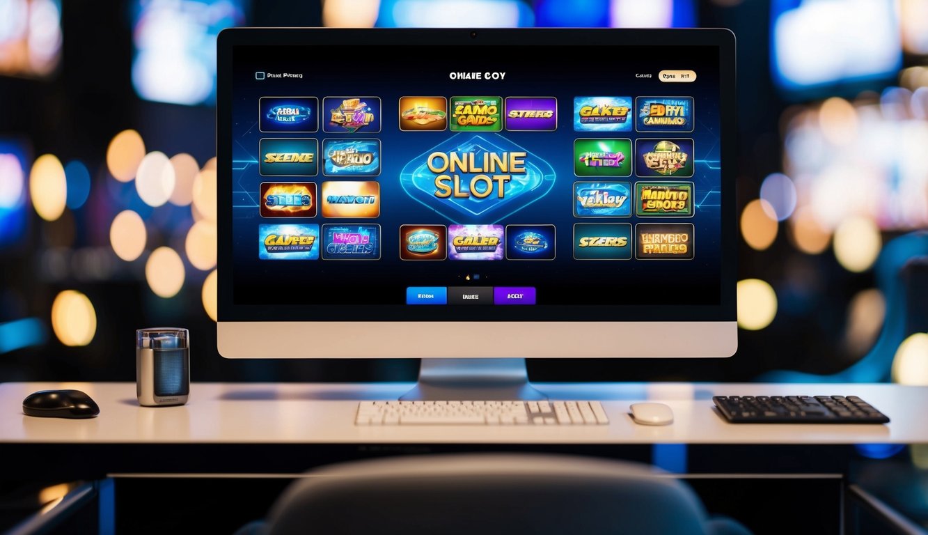 Sebuah layar komputer dengan berbagai permainan slot online ditampilkan, dikelilingi oleh antarmuka permainan yang modern dan ramping