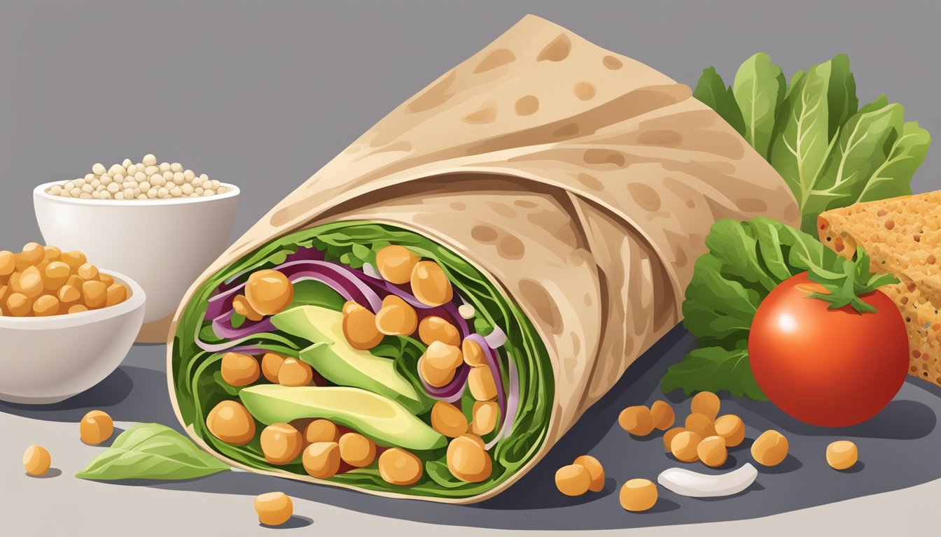 A colorful, fresh wrap filled with chickpeas and avocado, surrounded by a variety of healthy ingredients like leafy greens, tomatoes, and whole grains