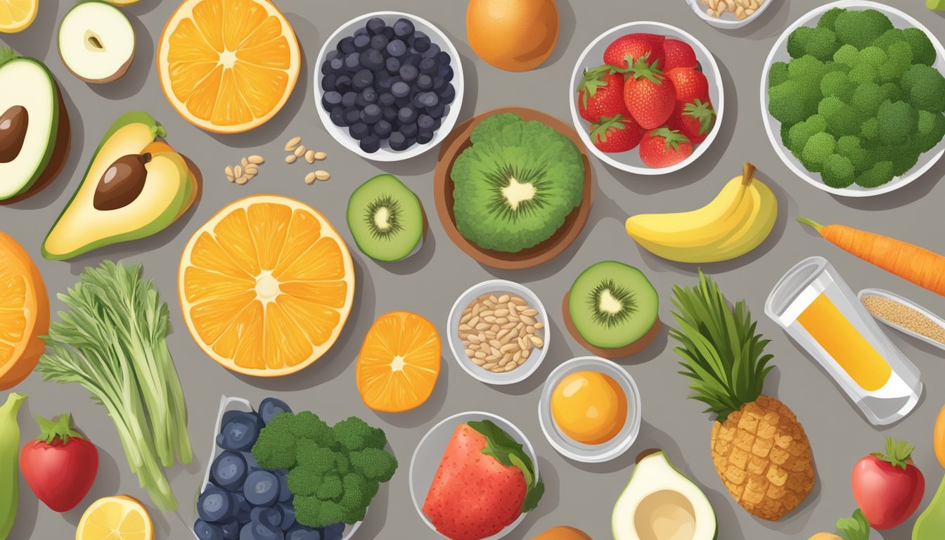 A table with a variety of colorful fruits, vegetables, lean proteins, and whole grains, surrounded by measuring cups and spoons