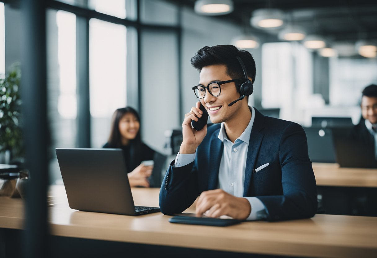 Seorang perwakilan layanan pelanggan yang menjawab panggilan telepon di kantor pusat HINOTOTO