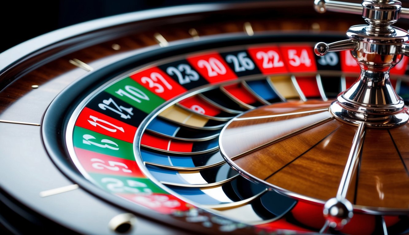 Roda roulette yang berputar dengan slot bernomor berwarna-warni dan bola perak kecil yang melompat di sekitar roda