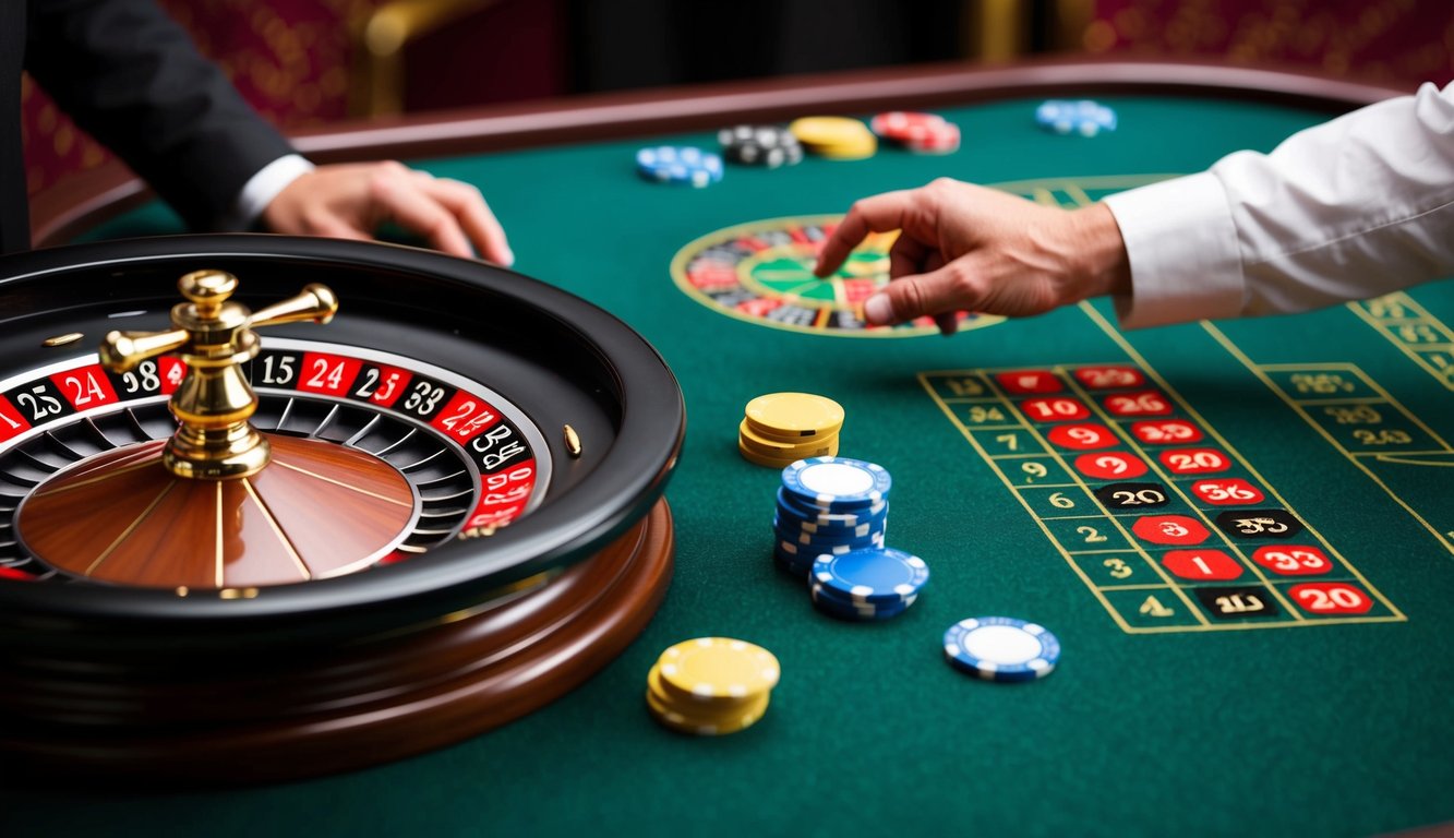 Roda roulette berputar di atas meja felt hijau, dengan chip berwarna-warni tersebar di sekitarnya. Tangan seorang dealer terlihat memutar roda tersebut.