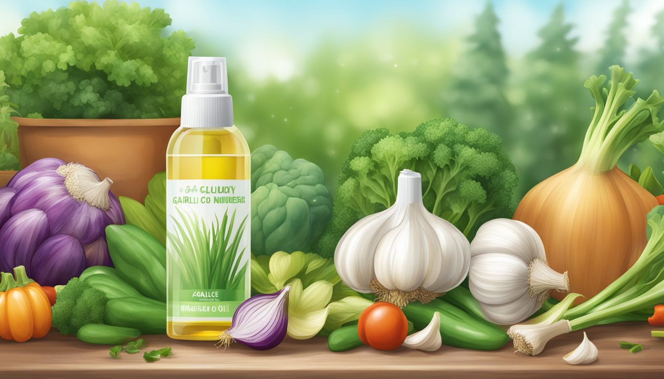 A spray bottle filled with a cloudy mixture of garlic oil and mineral oil, surrounded by various vegetables and plants in a garden setting