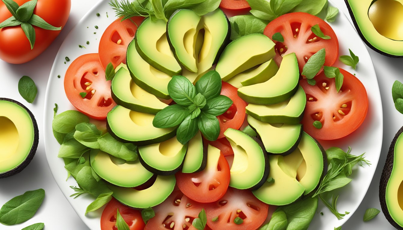 A colorful salad of sliced avocado and tomato arranged in a circular pattern on a white plate, garnished with fresh herbs and drizzled with vinaigrette