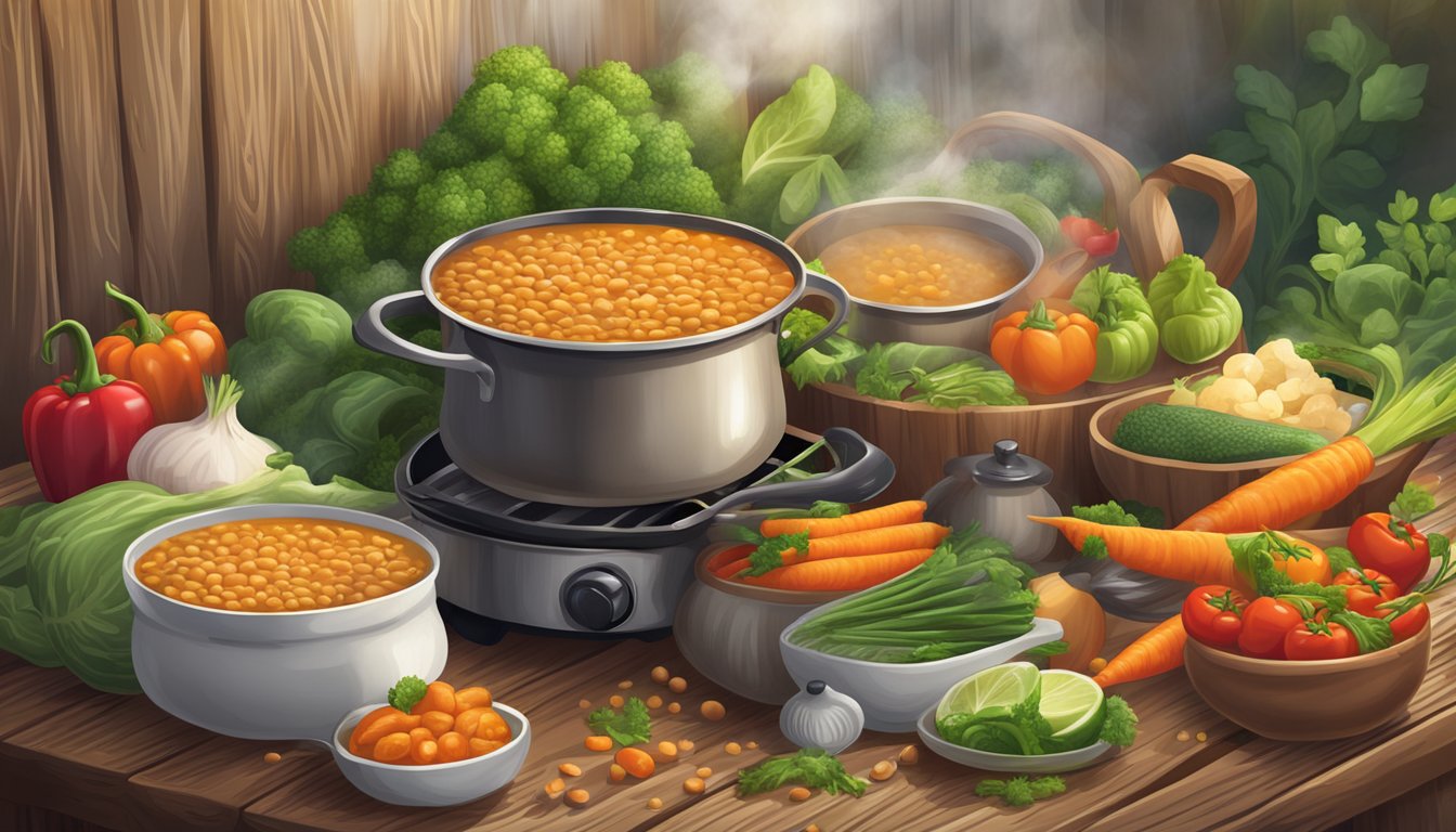 A steaming pot of lentil soup surrounded by a colorful array of fresh vegetables on a rustic wooden table