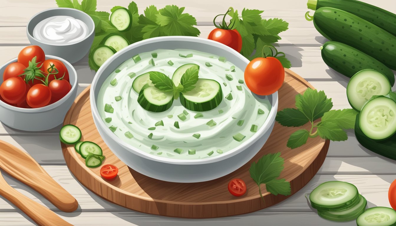 A bowl of cucumber and Greek yogurt dip surrounded by fresh cucumber slices and cherry tomatoes on a wooden serving platter