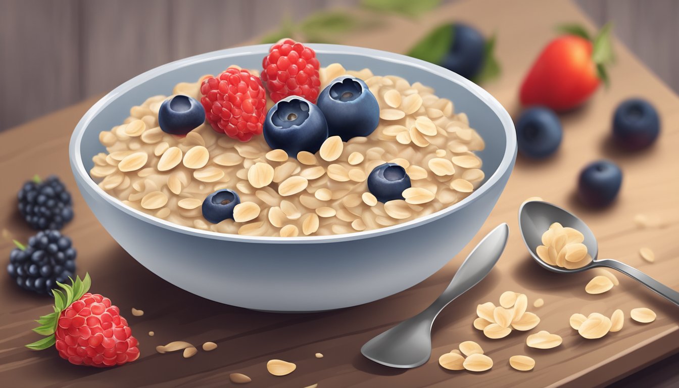 A bowl of oatmeal topped with fresh berries on a wooden table