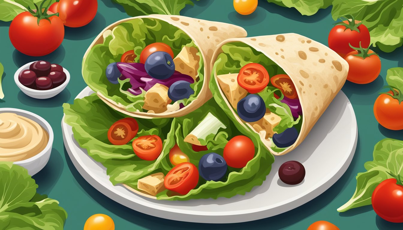 A colorful array of fresh vegetables and a creamy scoop of hummus wrapped in a whole grain tortilla, surrounded by vibrant green lettuce leaves and cherry tomatoes