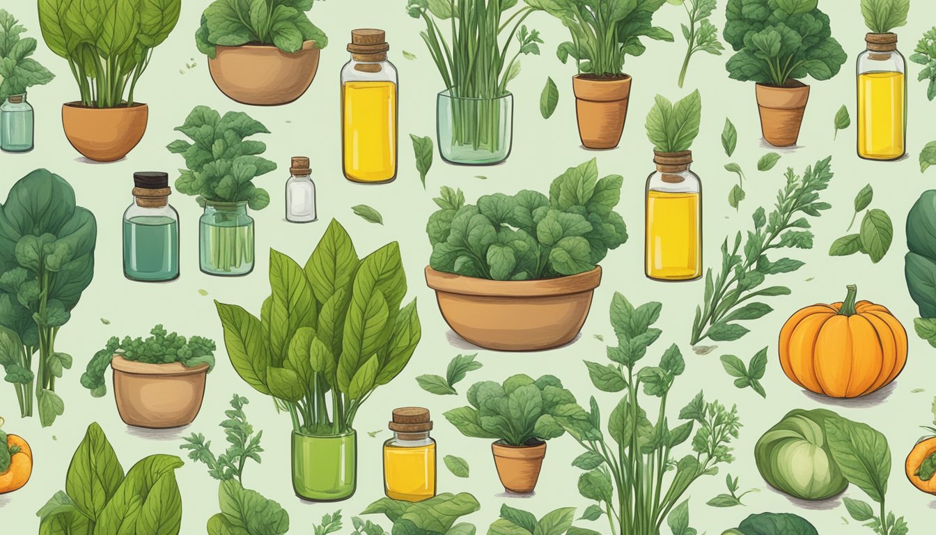 A garden scene with various vegetables and plants, surrounded by bottles of basil essential oil and other essential oils to keep bugs away