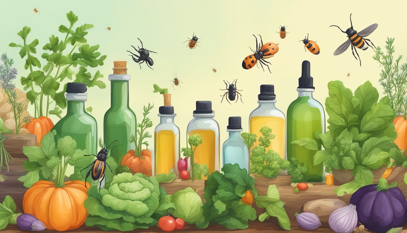 A garden with various vegetables surrounded by bottles of thyme essential oil and other essential oils, with bugs flying away from the veggies