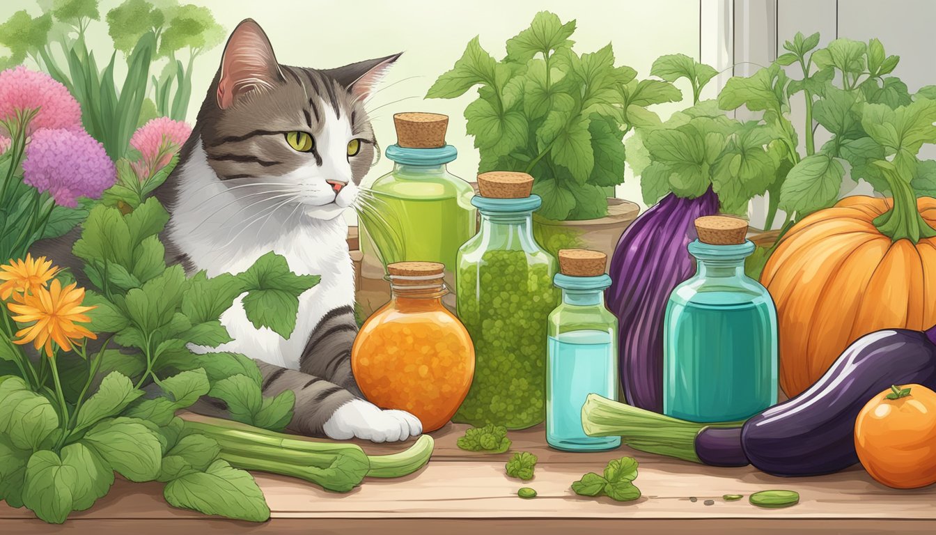 A garden with vibrant, healthy vegetables surrounded by bottles of essential oils, with a cat rubbing against the catnip essential oil bottle