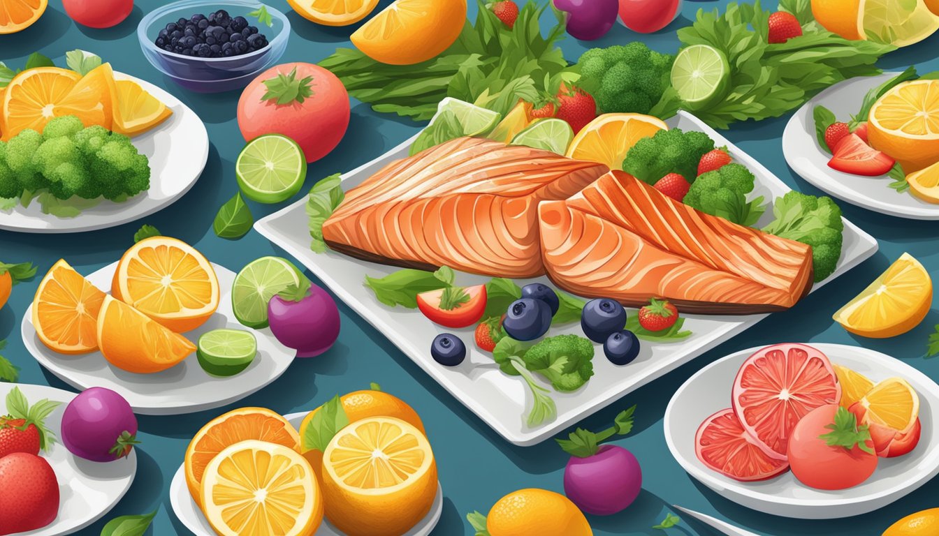 A colorful plate of grilled citrus salmon surrounded by vibrant, fresh fruits and vegetables