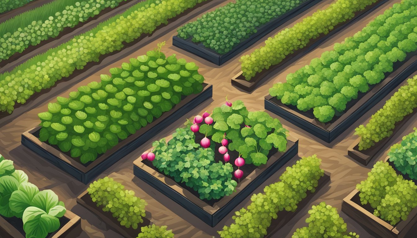 A lush garden with rows of vibrant radishes planted around the perimeter, serving as trap crops to protect the main vegetable harvest in the center