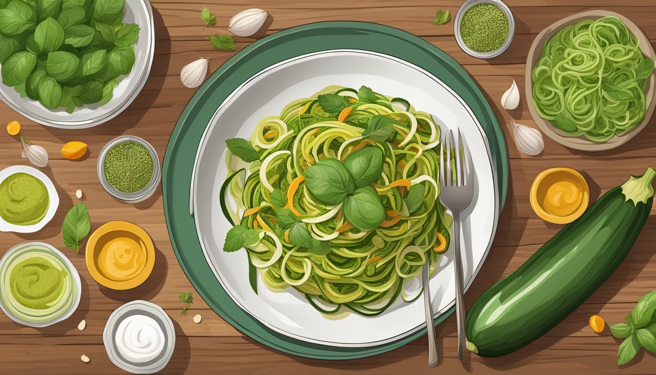 A colorful plate of zucchini noodles topped with vibrant green pesto, surrounded by fresh ingredients and a warm, inviting ambiance