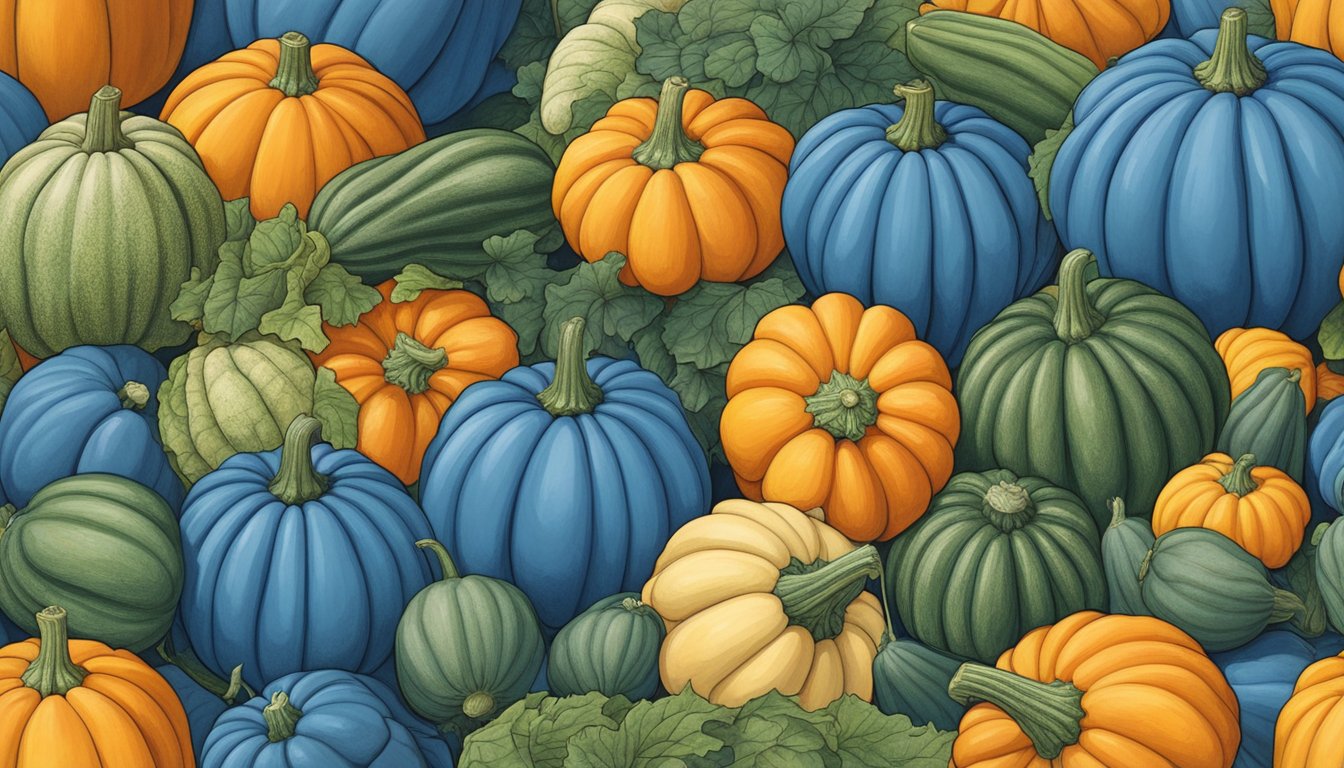 A field of vibrant blue Hubbard squash surrounded by nine different trap crops, protecting the main vegetable harvest