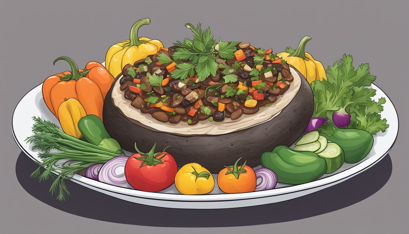 A platter of stuffed Portobello mushrooms surrounded by colorful vegetables and herbs