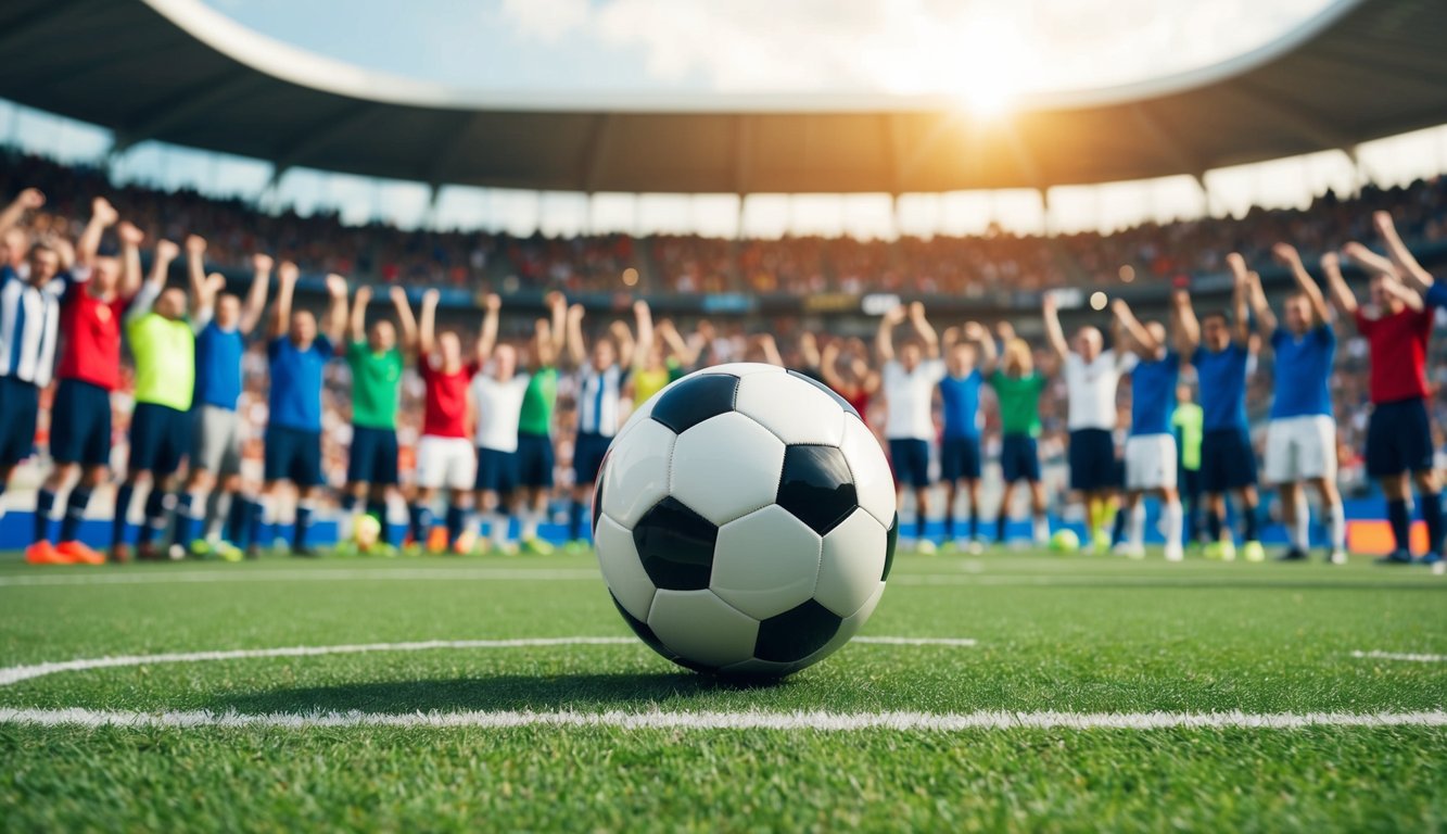 A soccer ball rolling across a green field, surrounded by cheering fans in a stadium