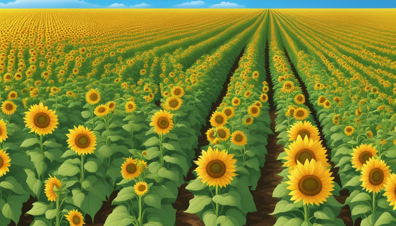 A field of vibrant sunflowers towering over rows of various vegetables, acting as trap crops to protect the main harvest from pests