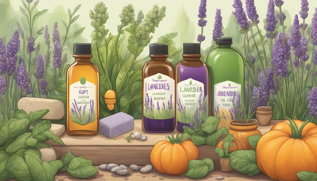 A garden scene with soft-bodied pests on vegetables, surrounded by bottles of homemade lavender oil soap spray