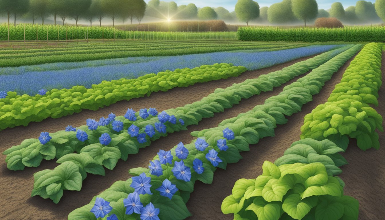 A lush vegetable garden with rows of borage plants interplanted among the main crops, serving as trap crops to protect the harvest