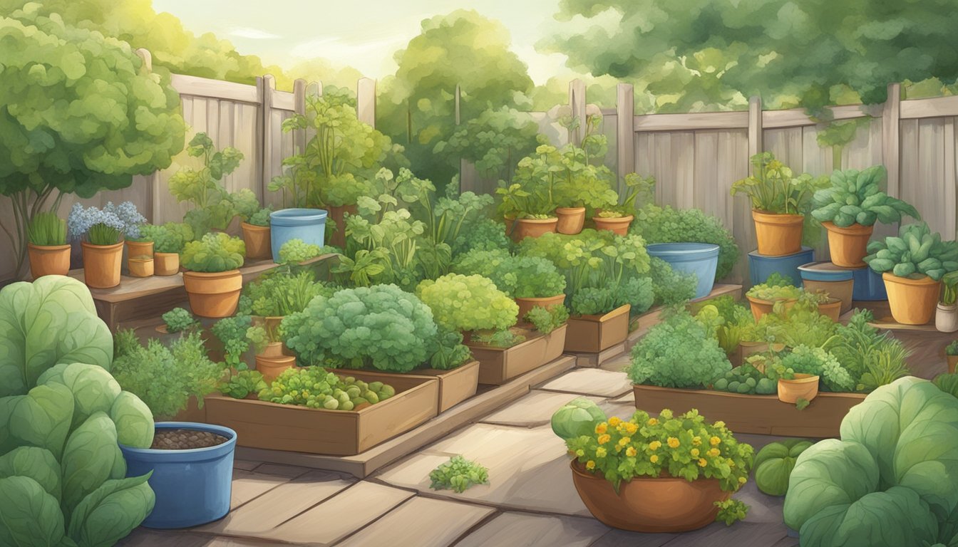 A garden scene with various soft-bodied pests on vegetable plants, surrounded by containers of homemade soap sprays and diatomaceous earth