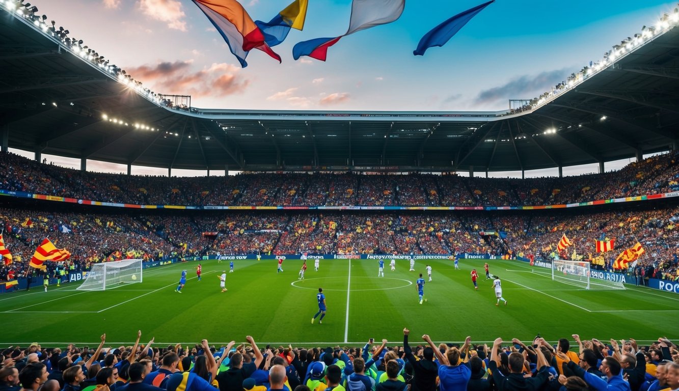 Sebuah stadion sepak bola yang ramai dengan para penggemar yang bersorak dan pemain di lapangan, dikelilingi oleh spanduk dan bendera berwarna-warni