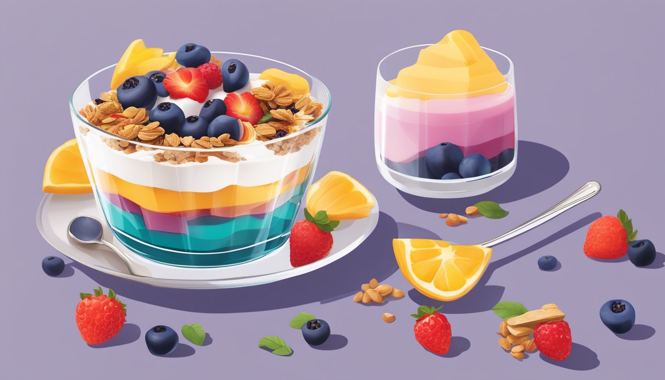 A colorful parfait with layers of yogurt, berries, and granola, arranged in a glass dish on a bright, sunny breakfast table