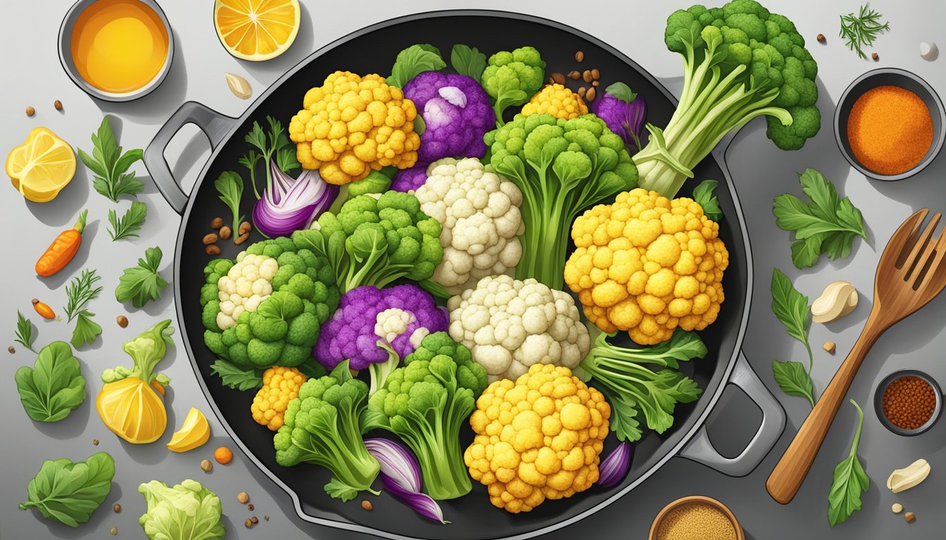 A colorful array of fresh cauliflower, vibrant vegetables, and aromatic spices sizzling in a skillet, evoking a sense of wholesome and flavorful cooking