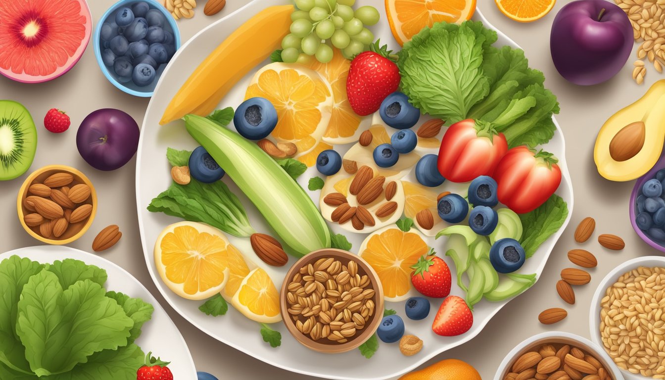 A colorful plate with a balanced mix of whole grains, lean proteins, and fresh vegetables, surrounded by vibrant fruits and nuts